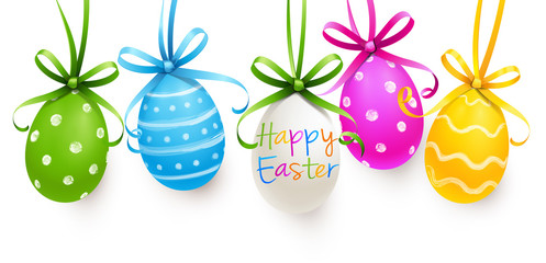  Happy Easter - Colorful Hanging Easter Eggs with Bow and greetings 