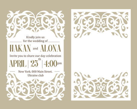 Luxury invite card. Laser cutting white paper on beige background. Floral pattern cut out. Frame with place for wedding text invitation. Trendy elegant template. Edge design lace die. Romantic style