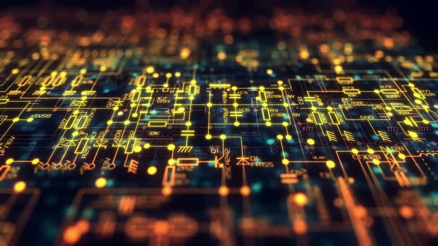 Electronic / Electric Project. Electronic Diagram: Capacitors, Resistors, Transistors, Diodes. Schematics and Diagrams of the Electric Circuit. A never-ending loop. The depth of field.