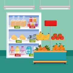 supermarket groceries in shelving vector illustration design