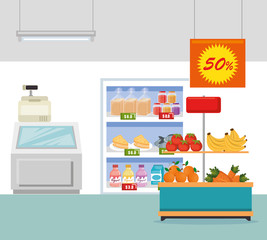 supermarket groceries in shelving vector illustration design