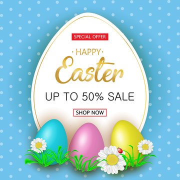Cute Easter greeting sale banner with flowers, Easter eggs on blue background. Vector illustration