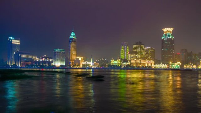 night illumination shanghai cityscape riverside bay panorama 4k timelapse china
