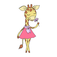 Cute giraffe with closed eyes in pink dress