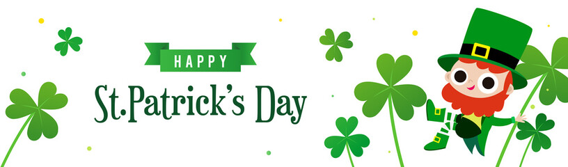 Happy St. Patrick's Day Banner vector illustration. Cute Leprechaun with Shamrock on white background.