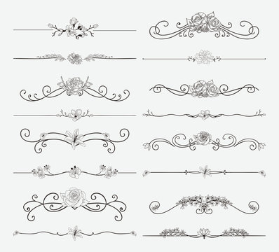 Vector Black Floral Dividers with Flowers and Swirls