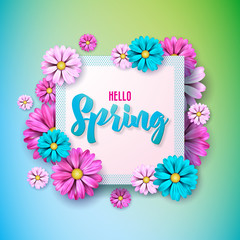 Spring nature design with beautiful colorful flower on clean background. Vector floral design template with typography letter.