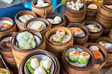 yumcha, dim sum in bamboo steamer, chinese cuisine