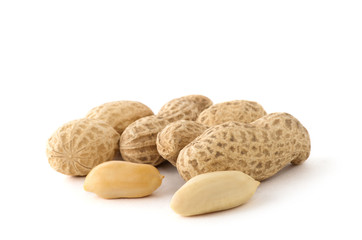 Dried peanuts on the white background.
