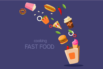 Fresh meal flying into a box, cooking fasr food vector Illustration on a blue background