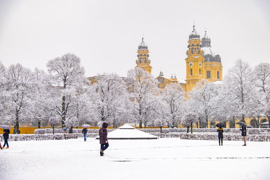 People enjoying the Odeonsplatz in Munich , Germany, during the snow storm