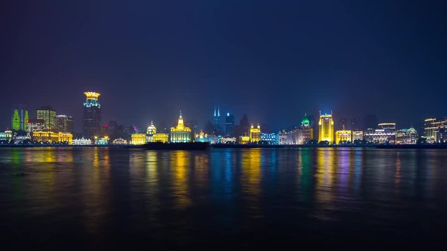 night illuminated shanghai cityscape riverside bay panorama 4k timelapse china
