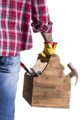 isolated in white handyman with toolbox / portrait of a handyman with essential tools