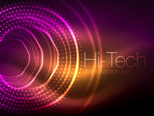 Magic neon circle shape abstract background, shiny light effect template for web banner, business or technology presentation background or elements, vector illustration