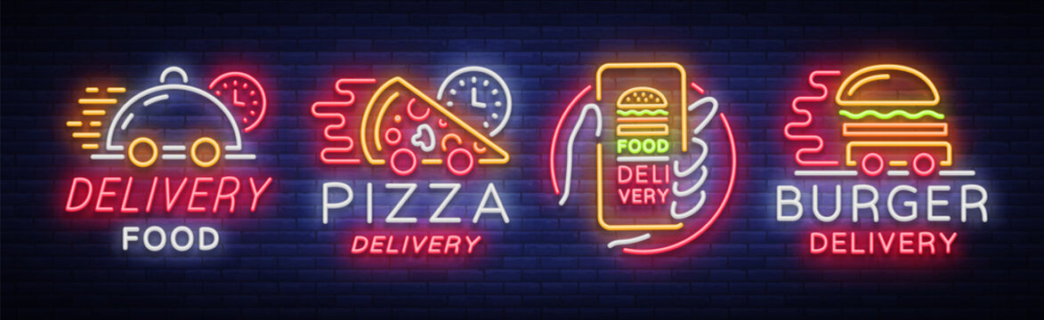 Food delivery set neon signs. Logotype collection in neon style, light banner, bright night advertising for delivery food for restaurant, pizzerias, cafes, dining. Burger, Pizza. Vector illustration