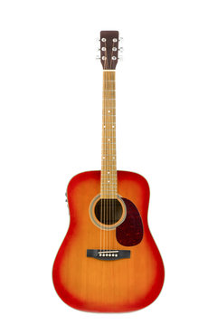 cherry sunburst acoustic guitar in white background / isolated in white portrait of an electrified acoustic guitar