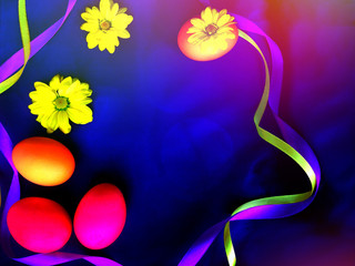 Easter background on purple with bright bokeh effect. Instagram effect. Multicolored eggs, ribbons, yellow chrysanthemums. Copy space