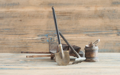shovel, rake and bucket on wooden table