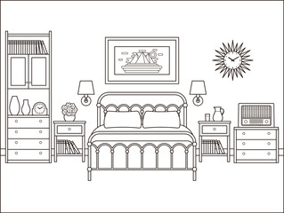 Bedroom retro interior. Hotel room with bed. Vector. House flat design. Home space in line art. Black white sketch. Outline illustration. Coloring page. Vintage apartment. Linear contour background.