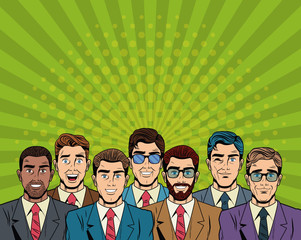 Business teamwork pop art cartoon vector illustration graphic design