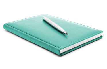 Green and pen on a white background