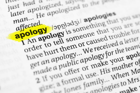 Highlighted English word "apology" and its definition in the dictionary