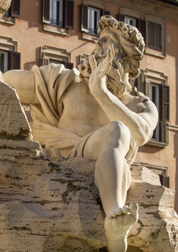 The Danube God of the Fountain of the Four Rivers in Rome, Italy