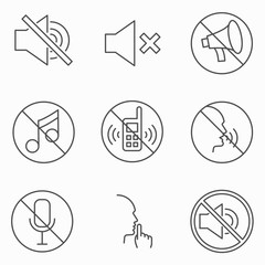 Set of keep silence signes. Line vector icons. Outline style - obrazy, fototapety, plakaty