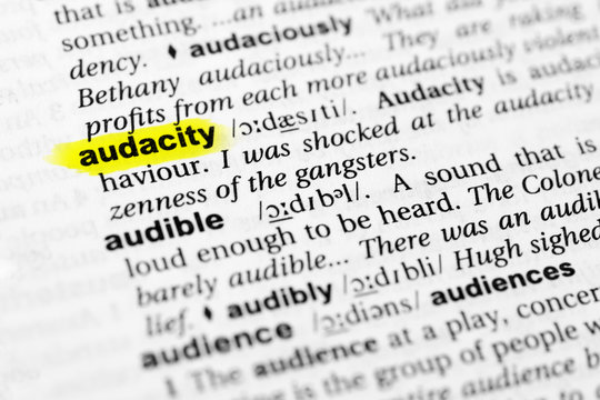 Highlighted English word "audacity" and its definition in the dictionary.