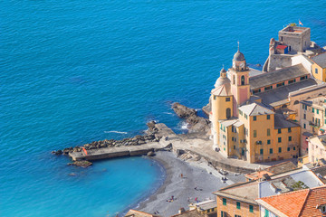 Beautiful Mediterranean Town in Camogli Italy European travel landscape with blue sea blue sky cityscape with bright day, Aerial view of Camogli characteristic famous place near Genoa Italy.

