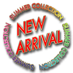 Stock Illustration - Gold Text: New Arrival, Gold Text: Summer Collection, Multicolored top, 3D Illustration, Bright Against the White Colored Background.