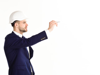 Engineering and business concept. Man with busy face