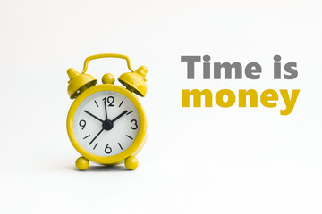 small analogue yellow golden clock in isolated white background with text 