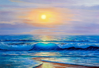 Obraz premium Morning on sea, wave, illustration, oil painting.