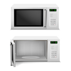 Fototapeta premium Vector 3d realistic microwave oven with digital display, front view, with open and close door isolated on background. Household appliance to heat and defrost food, for cooking, with timer and buttons