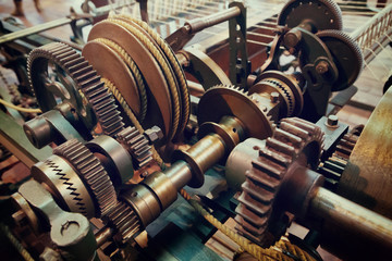 old gears and cogs of spinning machine - 194301445