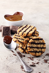 Chocolate cookies on stone table. Chocolate chip cookies shot.