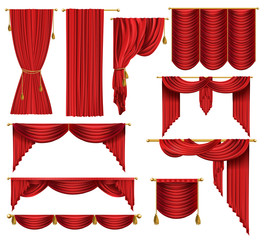 Vector 3d realistic set of red luxury curtains, open and closed, with drapery and decorative cords and tassels isolated on background. Textile drape, decor elements for theater and cinema posters - obrazy, fototapety, plakaty