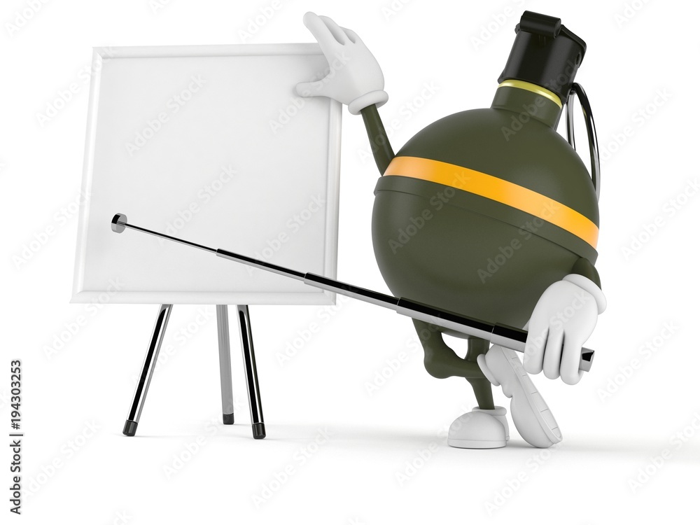 Wall mural hand grenade character with blank whiteboard