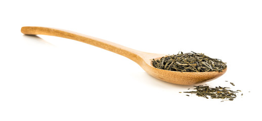 spoon of dried green tea leaves on white background