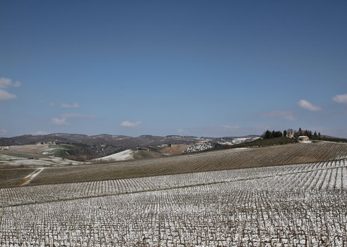 Chianti, Tuscany, Italy. Winter. Snowy Weather, Clouds Blue Sky. Vineyards, Trees
