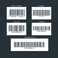 Set of bar codes for different types of goods. Illustration isolated on a dark background.