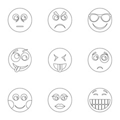 Facial animation icons set. Outline set of 9 facial animation vector icons for web isolated on white background