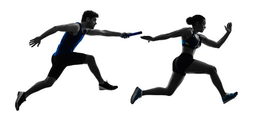 athletics relay runners sprinters running runners in silhouette isolated on white background