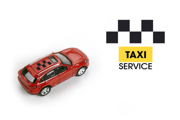 red car model on a white in the concept of calling a taxi