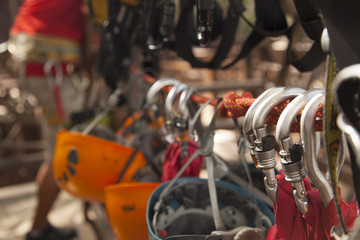 Fototapeta premium carabiner climbing close-up on a background of a rope-way