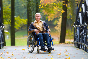 happy old man on wheelchair in the park - 194305821