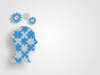 Gears on Human head model that filled with jigsaw on grid background represent design thinking and innovation concept. Technology background. Vector illustration.