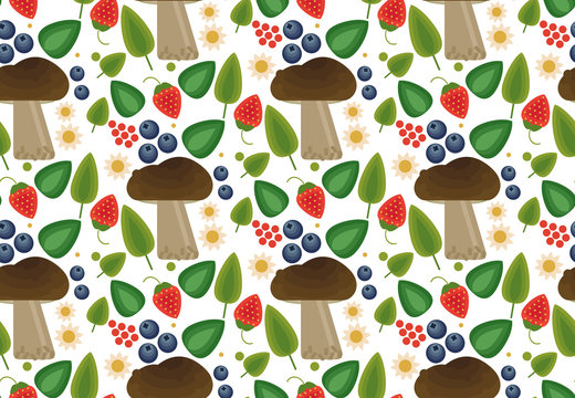 Vector flat style seamless pattern with forest mushrooms. Ornamental forest berries and mushroom, strawberries, deep, blueberries, mountain ash, cranberries, leaf, acorn