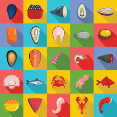 Seafood fresh fish food icons set. Flat illustration of 25 seafood fresh fish food vector icons for web